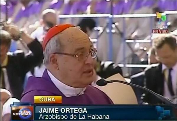 Cardenal Jaime Ortega pronuncia las primeras palabras en la Santa Misa de La Habana. Foto Radio Rebelde/Telesur