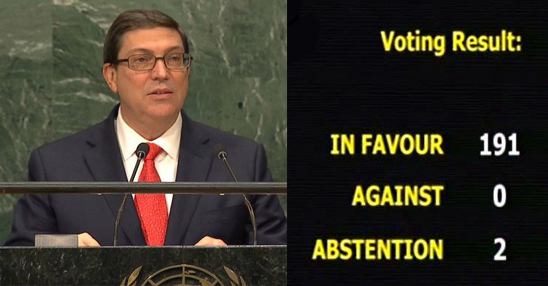 Votación 2016. Proyecto de resolución “Necesidad de poner fin al bloqueo económico, comercial y financiero de Estados Unidos de América contra Cuba”. 