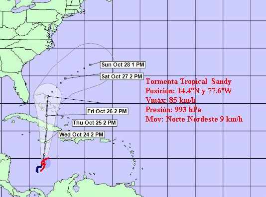 Cono de trayectoria de la Tormenta tropical Sandy a las seis de la tarde. Foto Instituto de Meteorología Cono de trayectoria de la Tormenta tropical Sandy a las seis de la tarde. Foto Instituto de Meteorología