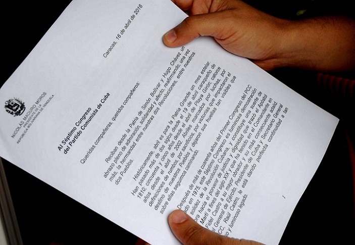 Presidente Nicolás Maduro envía mensaje al VII Congreso del PCC