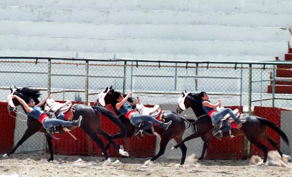 Una amazonas demuestra en una exhibici�n p�blica sus incre�bles habilidades sobre un caballo. Foto Abel Rojas 