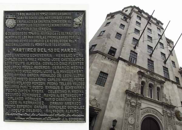 Una tarja conmemorativa a los mártires del 13 de marzo se halla en la fachada de un edificio ubicado en Zanja y Águila. Ese día, pero de 1957, atacan comandos del Directorio Revolucionario el Palacio Presidencial y toman la emisora Radio Reloj. Foto Abel Rojastoman Una tarja conmemorativa a los mártires del 13 de marzo se halla en la fachada de un edificio ubicado en Zanja y Águila. Ese día, pero de 1957, atacan comandos del Directorio Revolucionario el Palacio Presidencial y toman la emisora Radio Reloj. Foto Abel Rojas