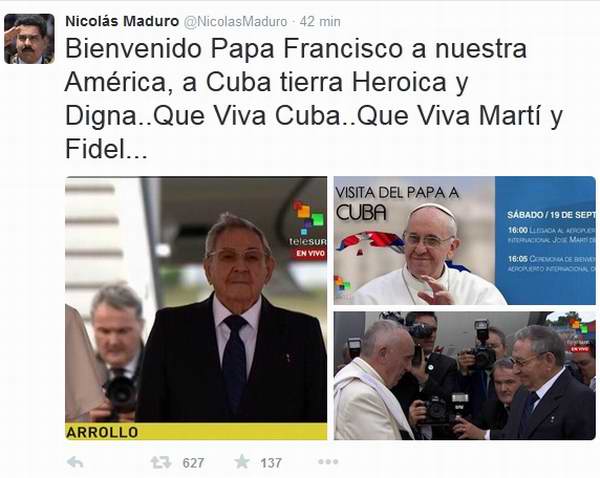 Celebra Presidente Maduro arribo de Papa Francisco a Cuba. Foto Vía Twitter