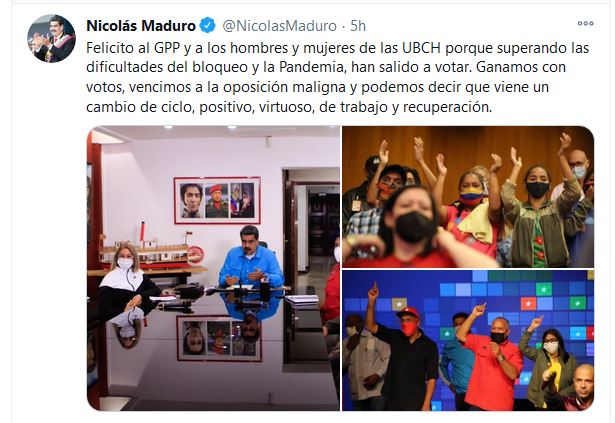 El presidente Nicolás Maduro celebró que el Gran Polo Patriótico obtuvo la mayoría en el Parlamento en las elecciones legislativas.