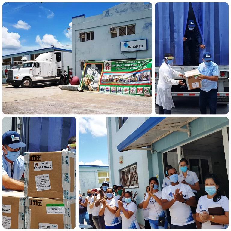 Trabajadores de EMCOMED reciben el cargamento del candidato vacunal Abdala