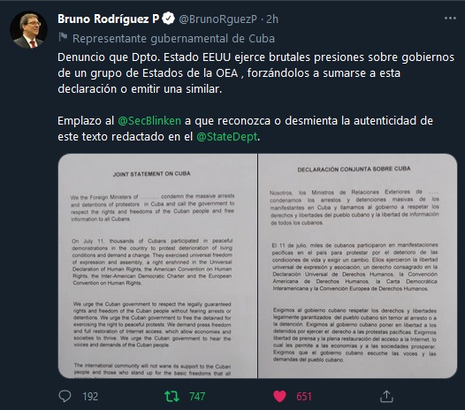 Denuncia Rodríguez Parrilla presiones de EE. UU. contra Cuba en terceros países Denuncia Rodríguez Parrilla presiones de EE. UU. contra Cuba en terceros países
