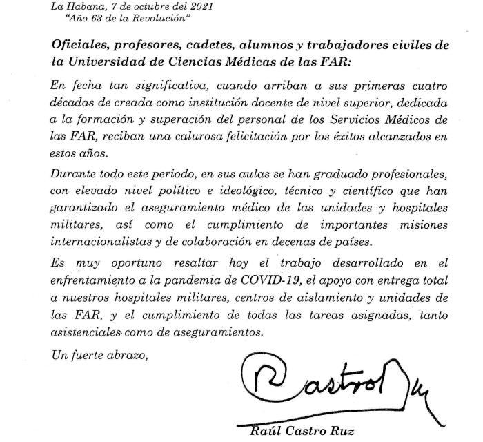 Felicitó Raúl a Universidad de Ciencias Médicas de las Fuerzas Armadas Revolucionarias (+Video)