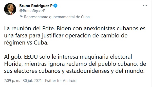 Califica Canciller cubano de farsa reunión de Biden con anexionistas