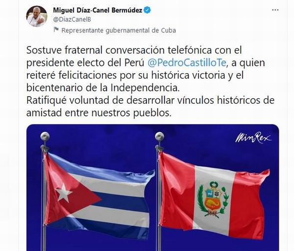 Presidentes de Cuba y Perú sostienen conversación telefónica