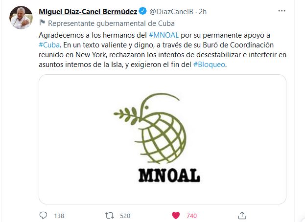 Agradece Miguel Díaz-Canel apoyo permanente del MNOAL