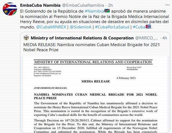 Gobierno de Namibia apoya nominación de médicos cubanos al Nobel de la Paz