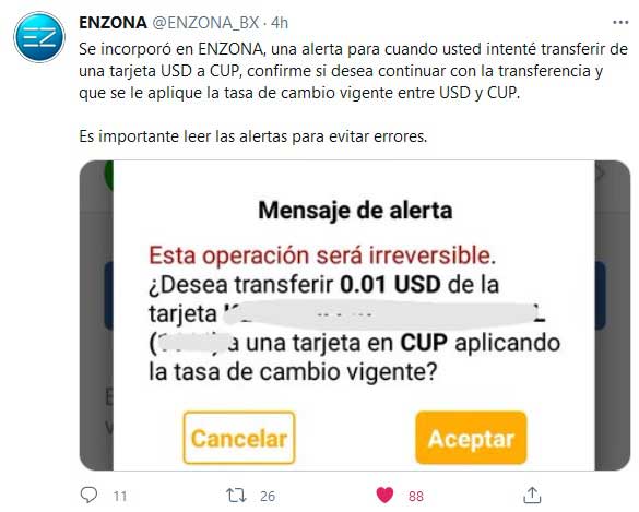 Incorpora Enzona nueva alerta para transferencias entre CUP y USD