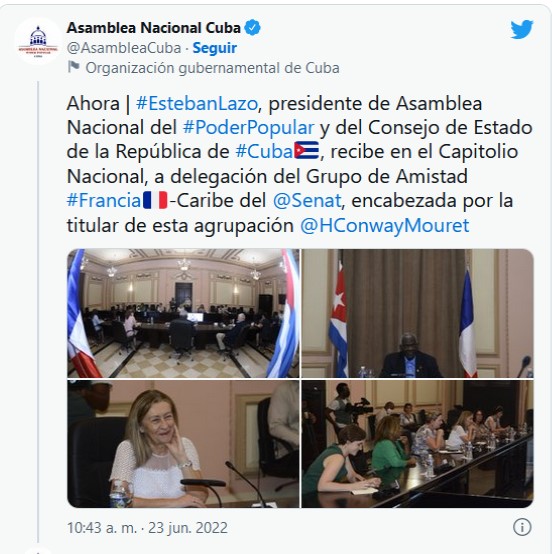 Esteban Lazo, presidente del Parlamento cubano, recibió a la delegación francesa