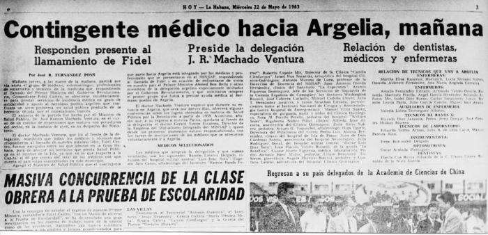Información del periódico Hoy donde anuncia la partida del primer contingente médico internacionalista rumbo a Argelia. Foto: Periódico Hoy