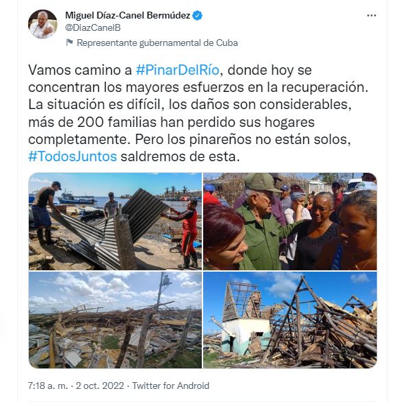 Díaz-Canel por tercera vez en Pinar del Río tras el paso del huracán Ian