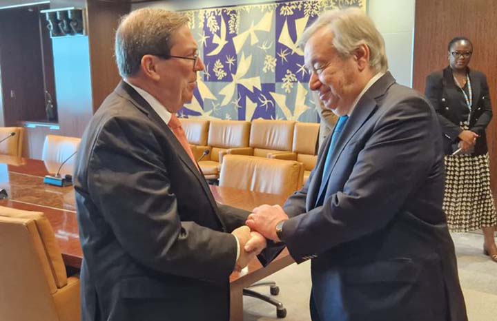 Bruno Rodríguez y secreatrio de la ONU
