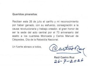 Mensaje del General de Ejército al pueblo de Pinar del Río